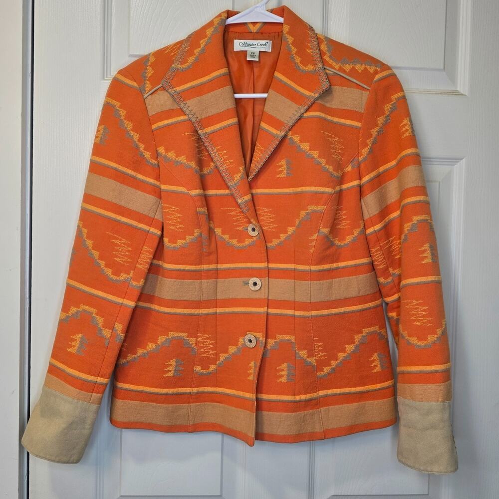 Coldwater Creek P8 Orange Southwestern Aztec Blazer Jacket Faux Suede Cuffs